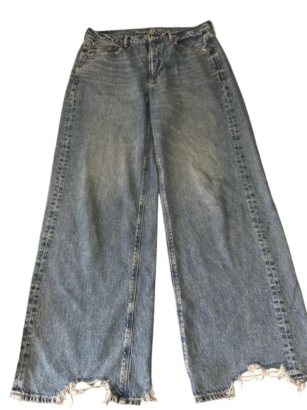 American Eagle Super High Rise Baggy Wide Leg Jeans 12 L | Distressed Raw Hem - Picture 2 of 8